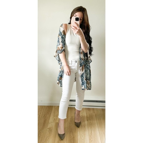 Anthropologie E by Eloise Blue Cream Floral Ruffle Trim Sheer Kimono Robe XS S - Picture 3 of 13